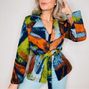 VINTAGE | Marbled Retro Funky Abstract Fuzzy Belted Waist Jacket Coat